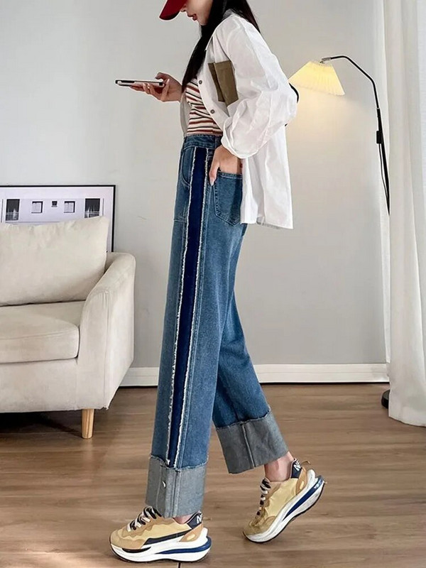 Vrecovité manžety Dizajn džínsov Rovné nohavice Módne patchworkové voľné dámske nové nohavice Vaqueros s vysokým pásom Trendové džínsové nohavice