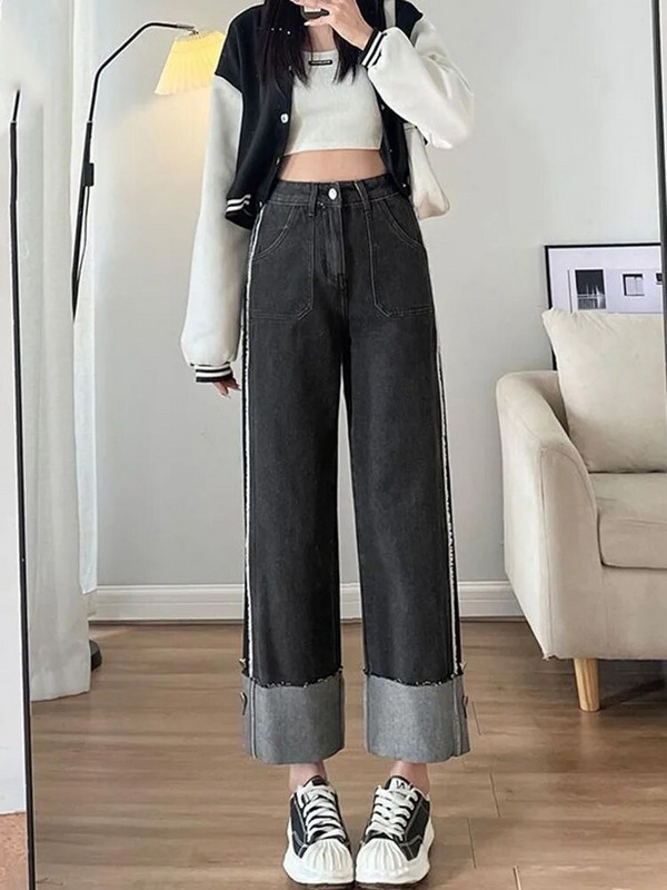 Vrecovité manžety Dizajn džínsov Rovné nohavice Módne patchworkové voľné dámske nové nohavice Vaqueros s vysokým pásom Trendové džínsové nohavice