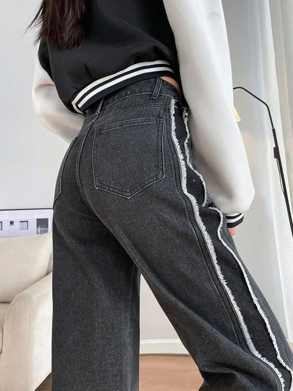 Vrecovité manžety Dizajn džínsov Rovné nohavice Módne patchworkové voľné dámske nové nohavice Vaqueros s vysokým pásom Trendové džínsové nohavice