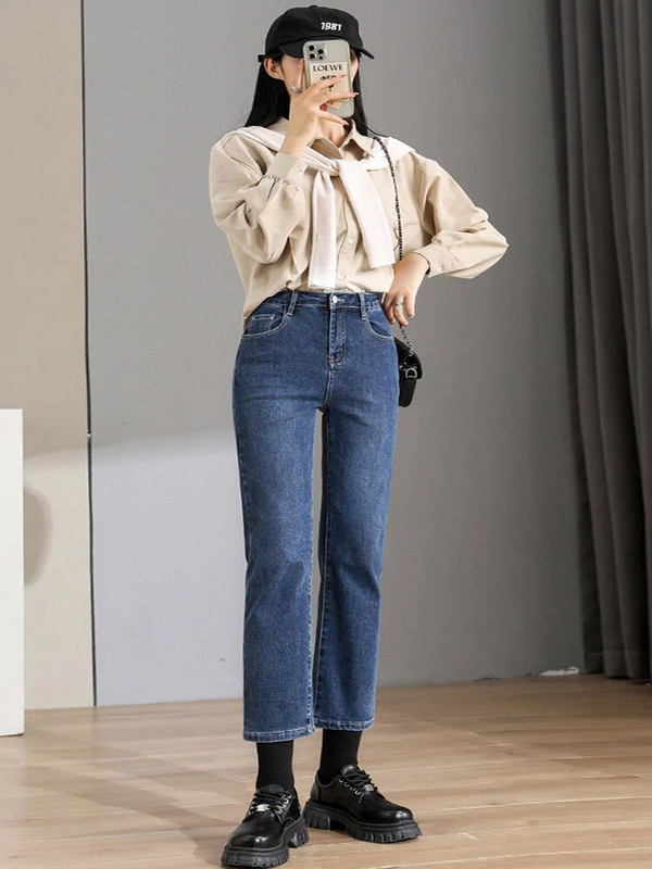 Dámske tmavomodré džínsy pre dievčatá po členky, streetwear s vysokým pásom, kórejská móda, vintage oblečenie, rovné nohavice pre ženy