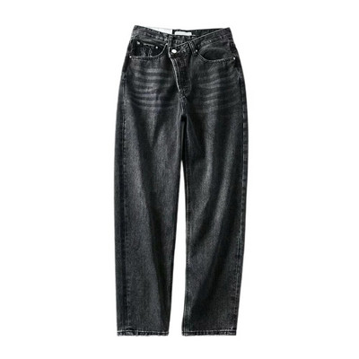 Dámske vintage 90. roky, rovné džínsy s asymetrickým pásom, voľné džínsy s vysokým pásom, módne ležérne dámske letné džínsové nohavice