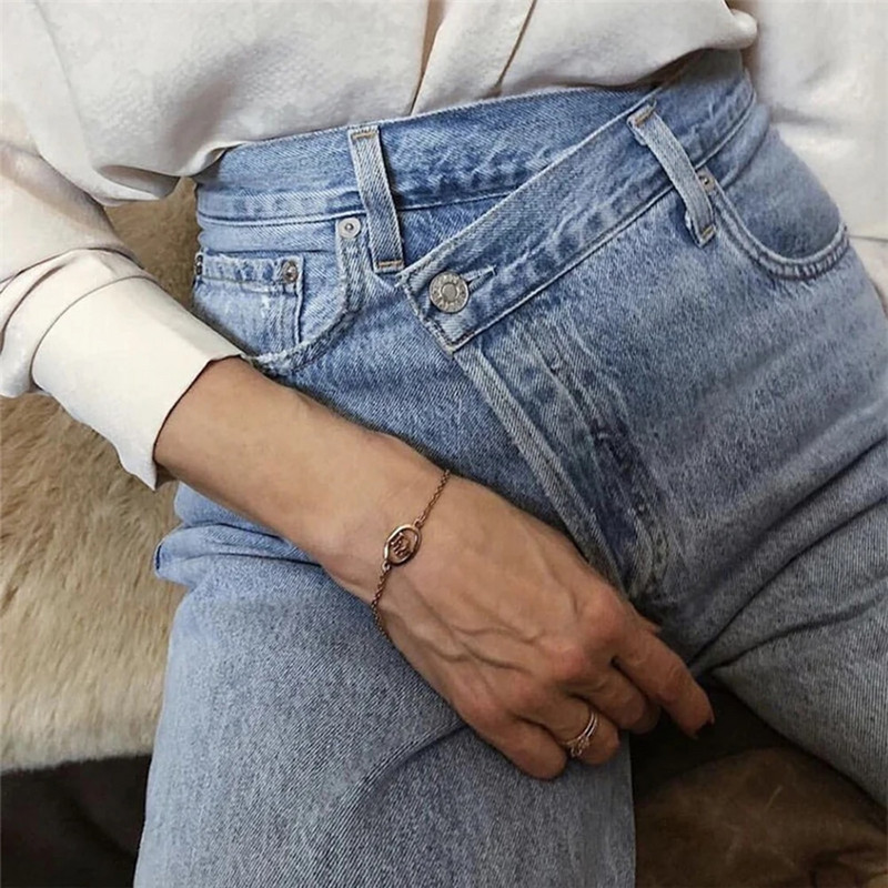 Dámske vintage 90. roky, rovné džínsy s asymetrickým pásom, voľné džínsy s vysokým pásom, módne ležérne dámske letné džínsové nohavice