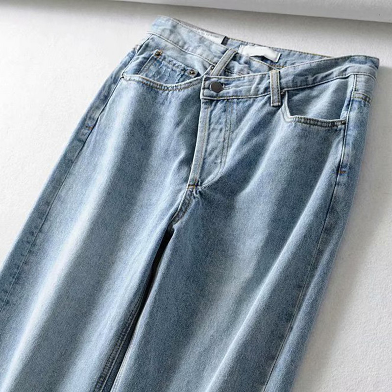 Dámske vintage 90. roky, rovné džínsy s asymetrickým pásom, voľné džínsy s vysokým pásom, módne ležérne dámske letné džínsové nohavice