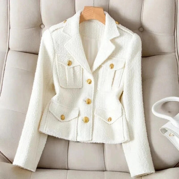 4XL Fashion White Blazer Suit Collar Μικρό άρωμα Σακάκι υψηλής ποιότητας Χοντρό τουίντ παλτό κοντό μαύρο μάλλινο πανωφόρι γυναικείο