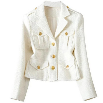 4XL Fashion White Blazer Suit Collar Μικρό άρωμα Σακάκι υψηλής ποιότητας Χοντρό τουίντ παλτό κοντό μαύρο μάλλινο πανωφόρι γυναικείο