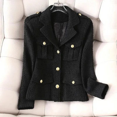 Blazer alb de modă 4XL, guler pentru costum, jachetă cu parfum mic, de înaltă calitate, haină grosieră din tweed, scurtă, neagră, îmbrăcăminte exterioară de lână pentru femei
