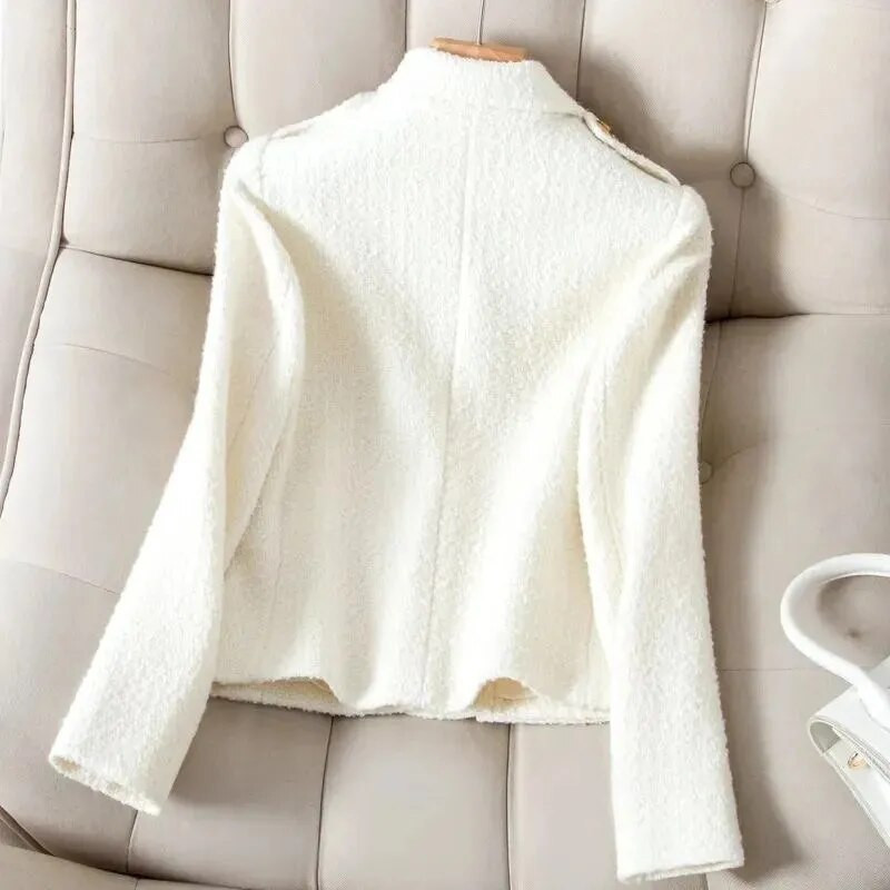 Blazer alb de modă 4XL, guler pentru costum, jachetă cu parfum mic, de înaltă calitate, haină grosieră din tweed, scurtă, neagră, îmbrăcăminte exterioară de lână pentru femei