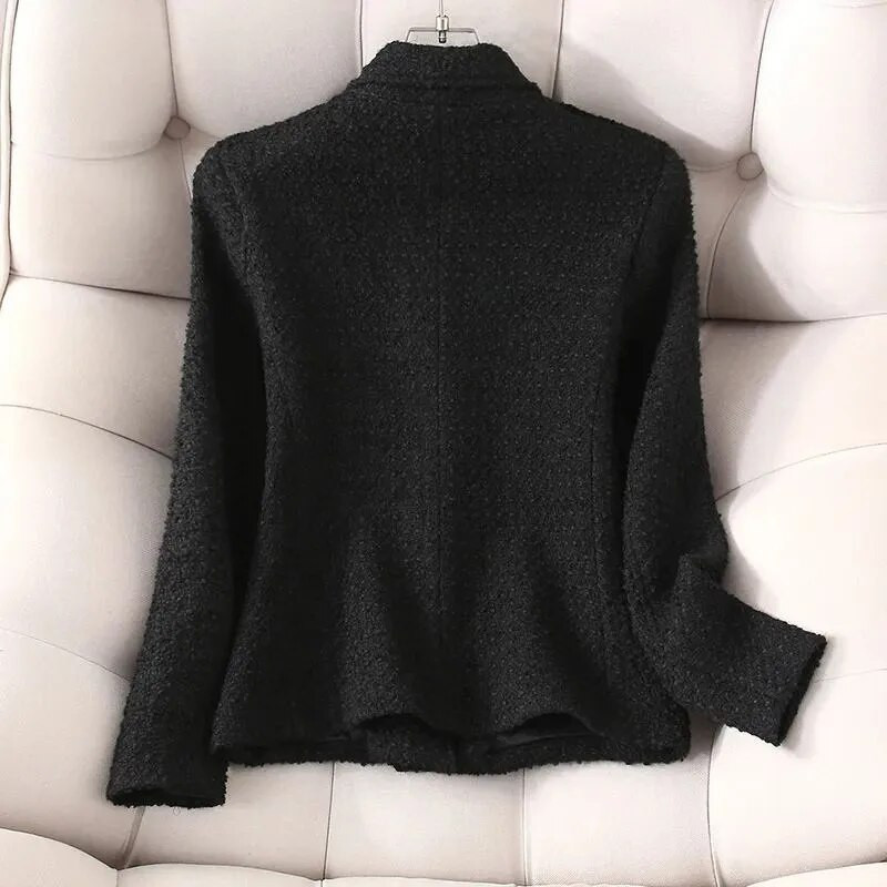 Blazer alb de modă 4XL, guler pentru costum, jachetă cu parfum mic, de înaltă calitate, haină grosieră din tweed, scurtă, neagră, îmbrăcăminte exterioară de lână pentru femei
