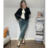 Dámske džínsy EH·MD® s manžetami a praním, jednofarebné, s opätkom, vysoký pás, elastické, úzke, s kovovými klincami, štýlové, Four Seasons, kancelárske