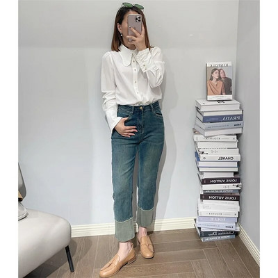 Dámske džínsy EH·MD® s manžetami a praním, jednofarebné, s opätkom, vysoký pás, elastické, úzke, s kovovými klincami, štýlové, Four Seasons, kancelárske