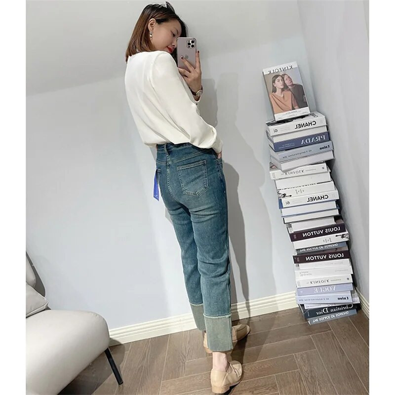 Dámske džínsy EH·MD® s manžetami a praním, jednofarebné, s opätkom, vysoký pás, elastické, úzke, s kovovými klincami, štýlové, Four Seasons, kancelárske