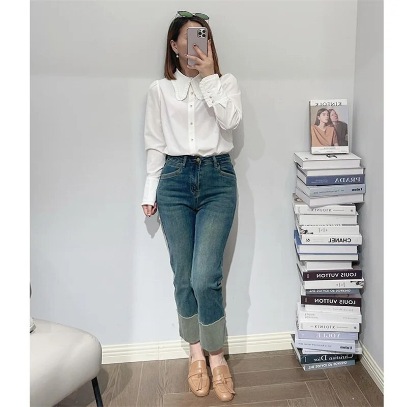 Dámske džínsy EH·MD® s manžetami a praním, jednofarebné, s opätkom, vysoký pás, elastické, úzke, s kovovými klincami, štýlové, Four Seasons, kancelárske