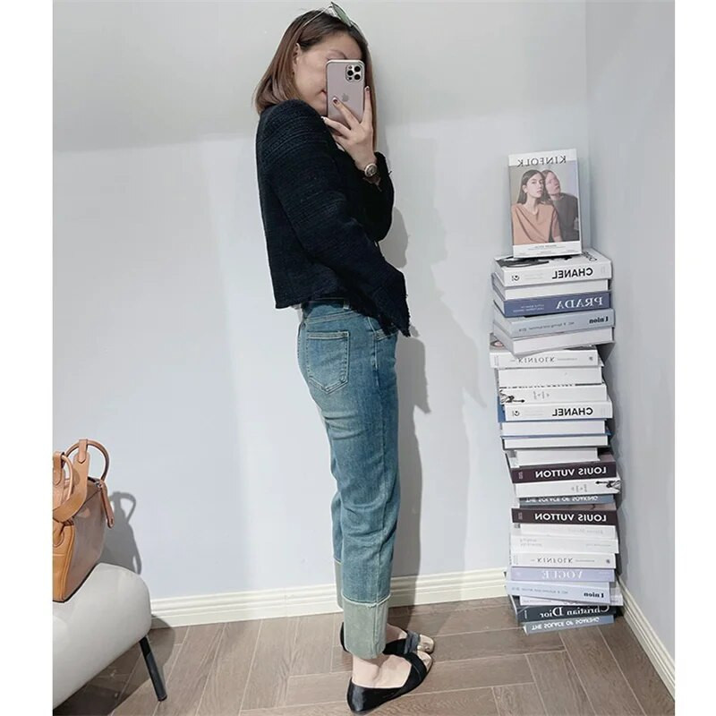 Dámske džínsy EH·MD® s manžetami a praním, jednofarebné, s opätkom, vysoký pás, elastické, úzke, s kovovými klincami, štýlové, Four Seasons, kancelárske