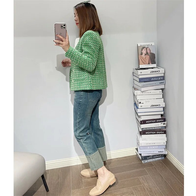 Dámske džínsy EH·MD® s manžetami a praním, jednofarebné, s opätkom, vysoký pás, elastické, úzke, s kovovými klincami, štýlové, Four Seasons, kancelárske