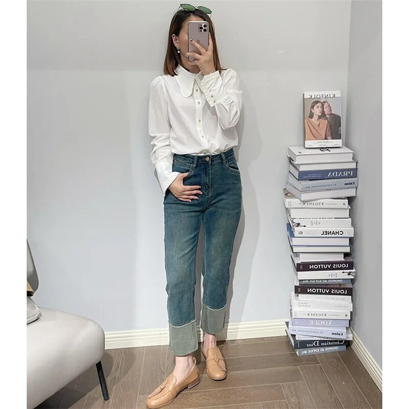 Dámske džínsy EH·MD® s manžetami a praním, jednofarebné, s opätkom, vysoký pás, elastické, úzke, s kovovými klincami, štýlové, Four Seasons, kancelárske