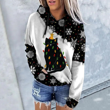 Дамска суичър с качулка с дълъг ръкав с отпечатък на котешки лапи Сладка суичър с качулка Лек пуловер Ежедневен дамски суитчър Есенно-зимен пуловер 2024 г.