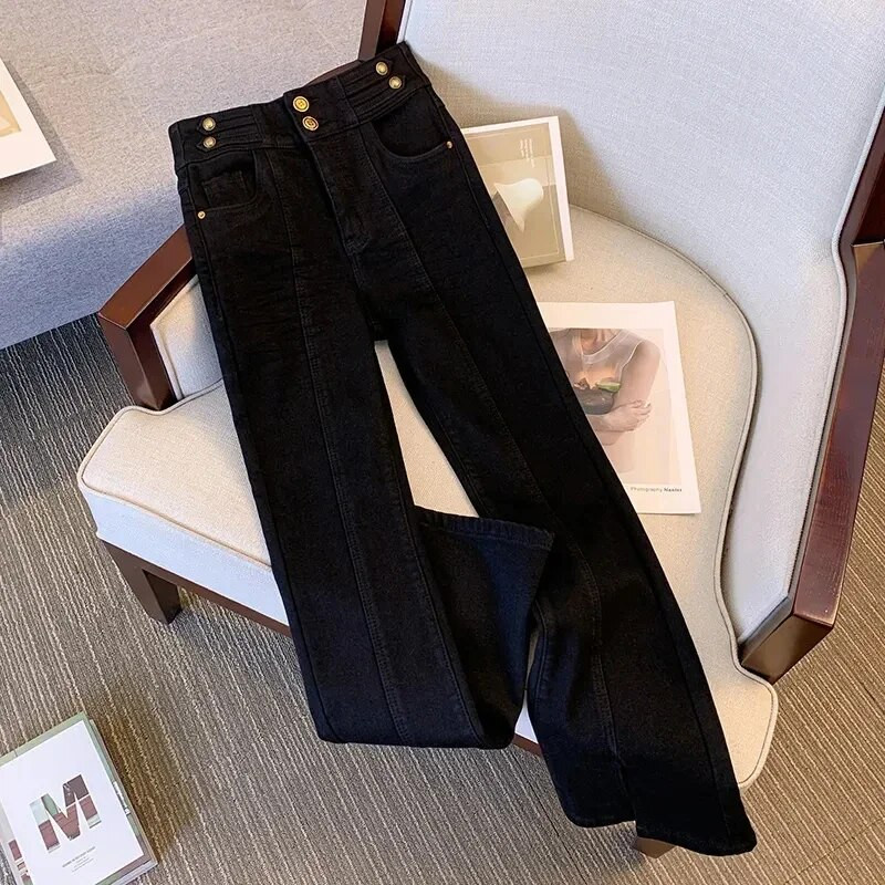 2023-as, magas derekú, több fémgombos, osztott, lobogó női nadrág, divat, karcsú, elegáns farmernadrág, új koreai bő ruházat