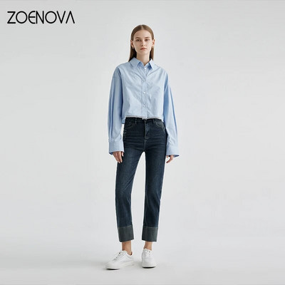 ZOENOVA 2024 Jarné nové vysoko kvalitné úzke džínsy po členky Dámske pouličné ležérne bavlnené elastické rovné nohavice s deviatimi bodmi