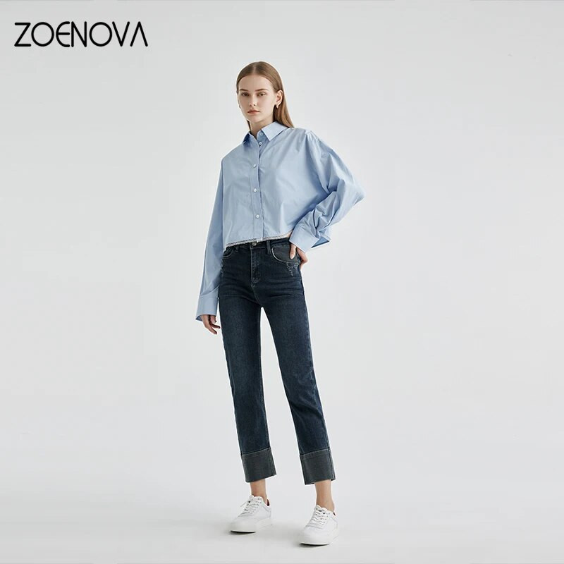 ZOENOVA 2024 Jarné nové vysoko kvalitné úzke džínsy po členky Dámske pouličné ležérne bavlnené elastické rovné nohavice s deviatimi bodmi