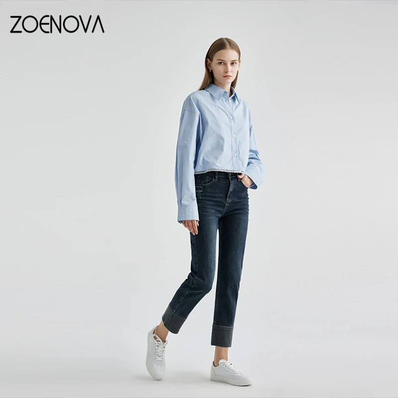 ZOENOVA 2024 Jarné nové vysoko kvalitné úzke džínsy po členky Dámske pouličné ležérne bavlnené elastické rovné nohavice s deviatimi bodmi