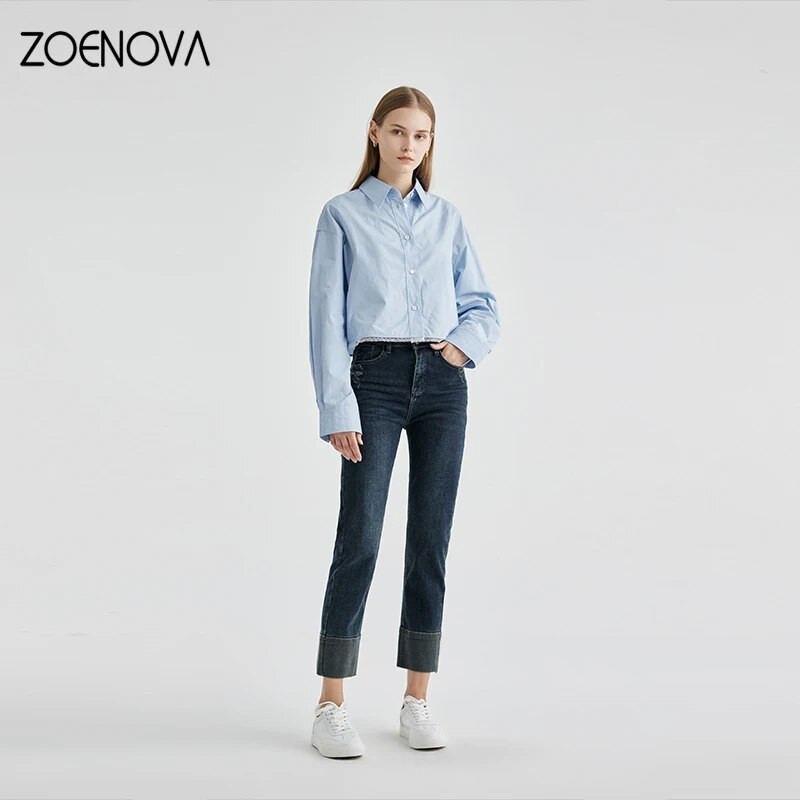 ZOENOVA 2024 Jarné nové vysoko kvalitné úzke džínsy po členky Dámske pouličné ležérne bavlnené elastické rovné nohavice s deviatimi bodmi