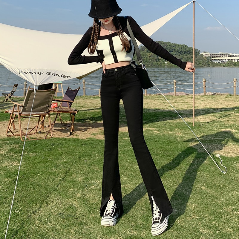 Blugi evazați pentru femeie cu talie înaltă pantaloni lați cu picioare elastice, la modă, strânși, spălat, pantaloni din denim pentru femei, multicolor, plus mărime XS-2XL