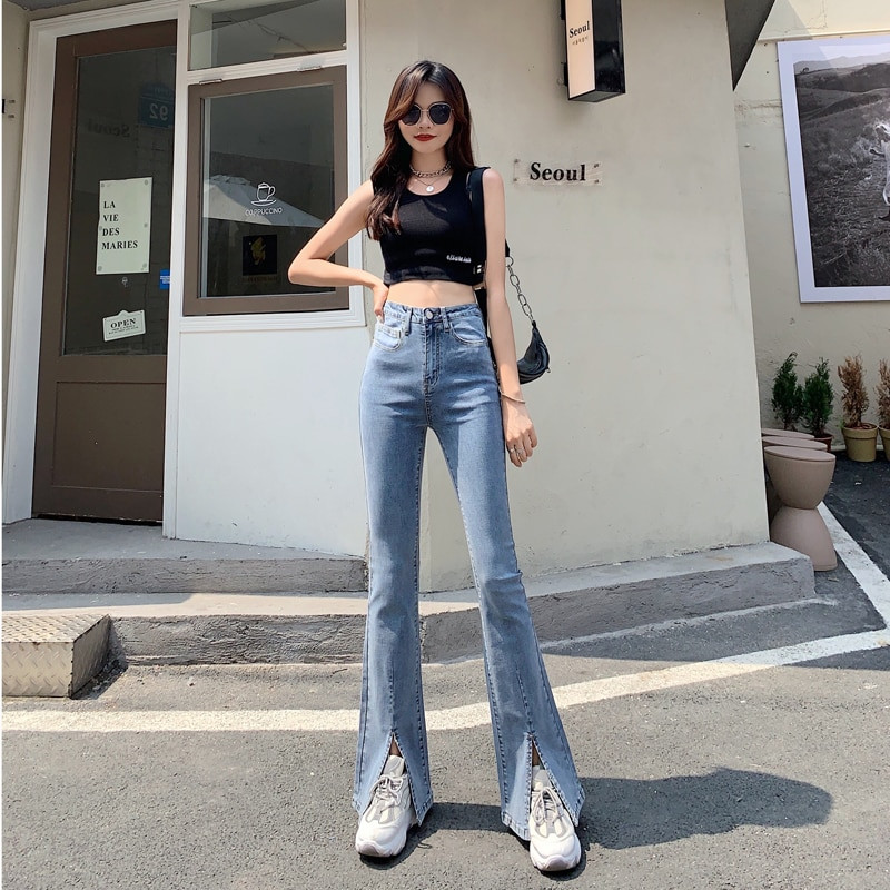 Blugi evazați pentru femeie cu talie înaltă pantaloni lați cu picioare elastice, la modă, strânși, spălat, pantaloni din denim pentru femei, multicolor, plus mărime XS-2XL