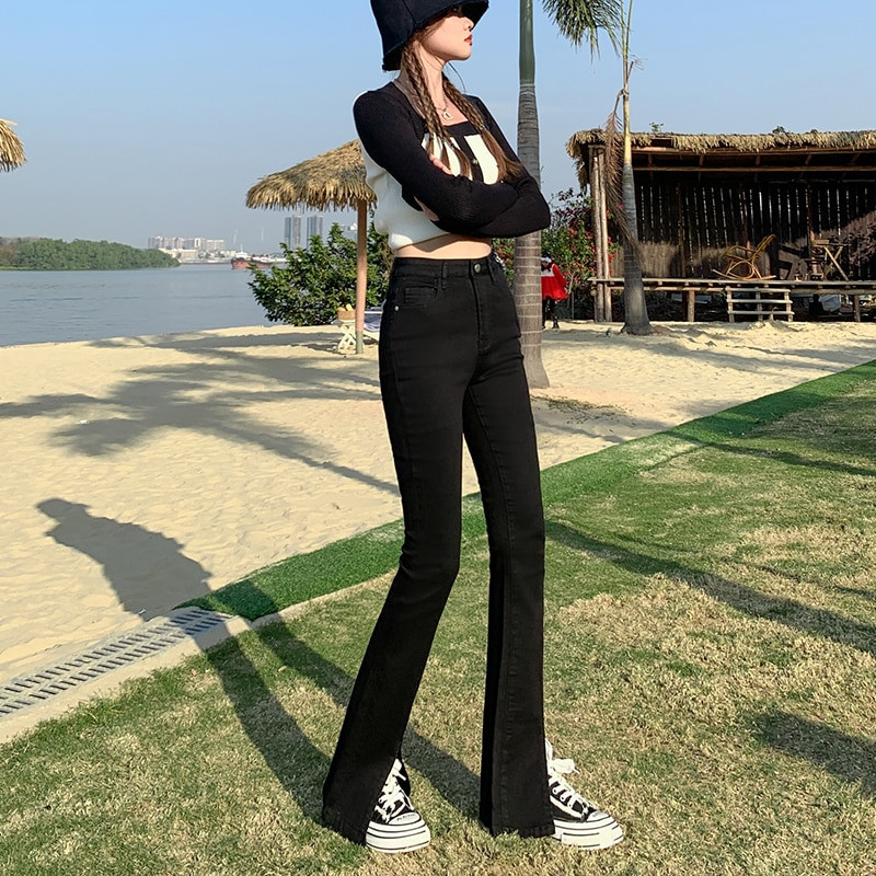 Blugi evazați pentru femeie cu talie înaltă pantaloni lați cu picioare elastice, la modă, strânși, spălat, pantaloni din denim pentru femei, multicolor, plus mărime XS-2XL