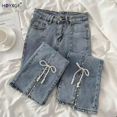 Blugi skinny elastici cu fundă perlat pentru femei Blugi de bază până la gleznă, cu fundul clopot, pantaloni coreeani subțiri cu talie înaltă, denim, îmbrăcăminte de stradă
