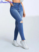 Denimcolab 2024 pentru femei, blugi cu găuri, pentru femei, ocazional, blugi elastici, denim, creion, nouă pantaloni, pantaloni din denim cu margine brută