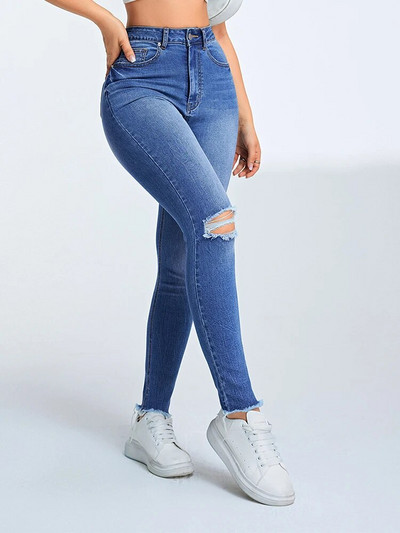 Denimcolab 2024 pentru femei, blugi cu găuri, pentru femei, ocazional, blugi elastici, denim, creion, nouă pantaloni, pantaloni din denim cu margine brută