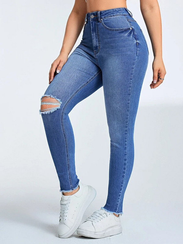 Denimcolab 2024 pentru femei, blugi cu găuri, pentru femei, ocazional, blugi elastici, denim, creion, nouă pantaloni, pantaloni din denim cu margine brută