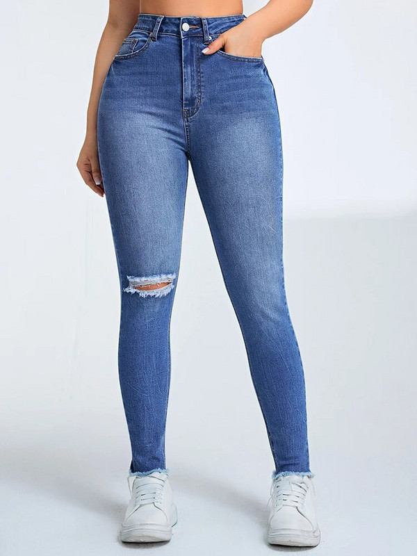 Denimcolab 2024 pentru femei, blugi cu găuri, pentru femei, ocazional, blugi elastici, denim, creion, nouă pantaloni, pantaloni din denim cu margine brută