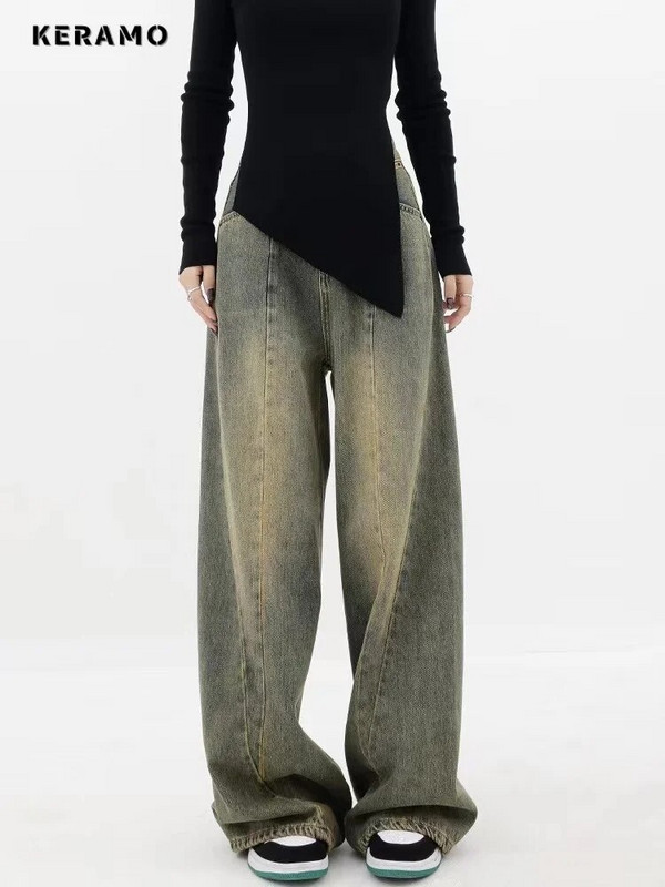 Dámske ležérne džínsy s vysokým pásom, retro štýlom a vrecovitými nohavicami v štýle Y2K s vysokým pásom