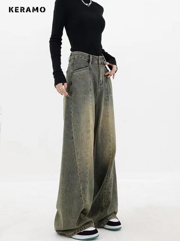 Dámske ležérne džínsy s vysokým pásom, retro štýlom a vrecovitými nohavicami v štýle Y2K s vysokým pásom