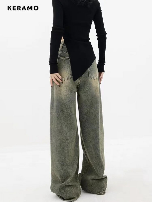 Dámske ležérne džínsy s vysokým pásom, retro štýlom a vrecovitými nohavicami v štýle Y2K s vysokým pásom