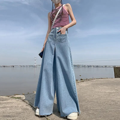 Dámske džínsové maxi nohavice s vysokým pásom, vrecká a zipsom, široké nohavice s raw lemom, dámske vintage džínsy
