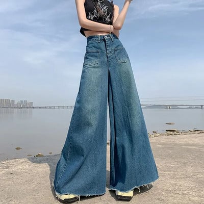 Dámske džínsové maxi nohavice s vysokým pásom, vrecká a zipsom, široké nohavice s raw lemom, dámske vintage džínsy