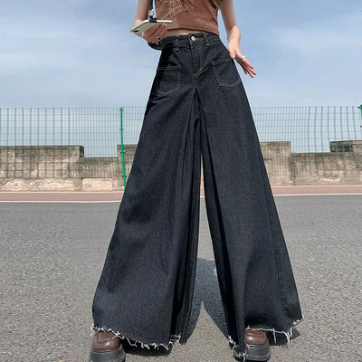 Dámske džínsové maxi nohavice s vysokým pásom, vrecká a zipsom, široké nohavice s raw lemom, dámske vintage džínsy
