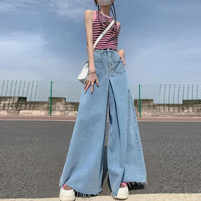 Dámske džínsové maxi nohavice s vysokým pásom, vrecká a zipsom, široké nohavice s raw lemom, dámske vintage džínsy