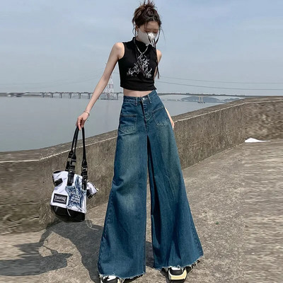 Dámske džínsové maxi nohavice s vysokým pásom, vrecká a zipsom, široké nohavice s raw lemom, dámske vintage džínsy