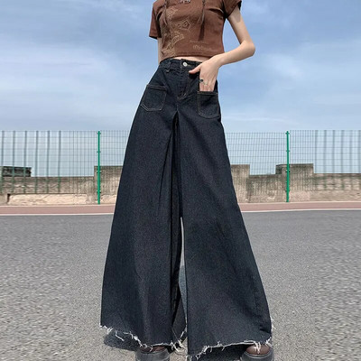 Dámske džínsové maxi nohavice s vysokým pásom, vrecká a zipsom, široké nohavice s raw lemom, dámske vintage džínsy