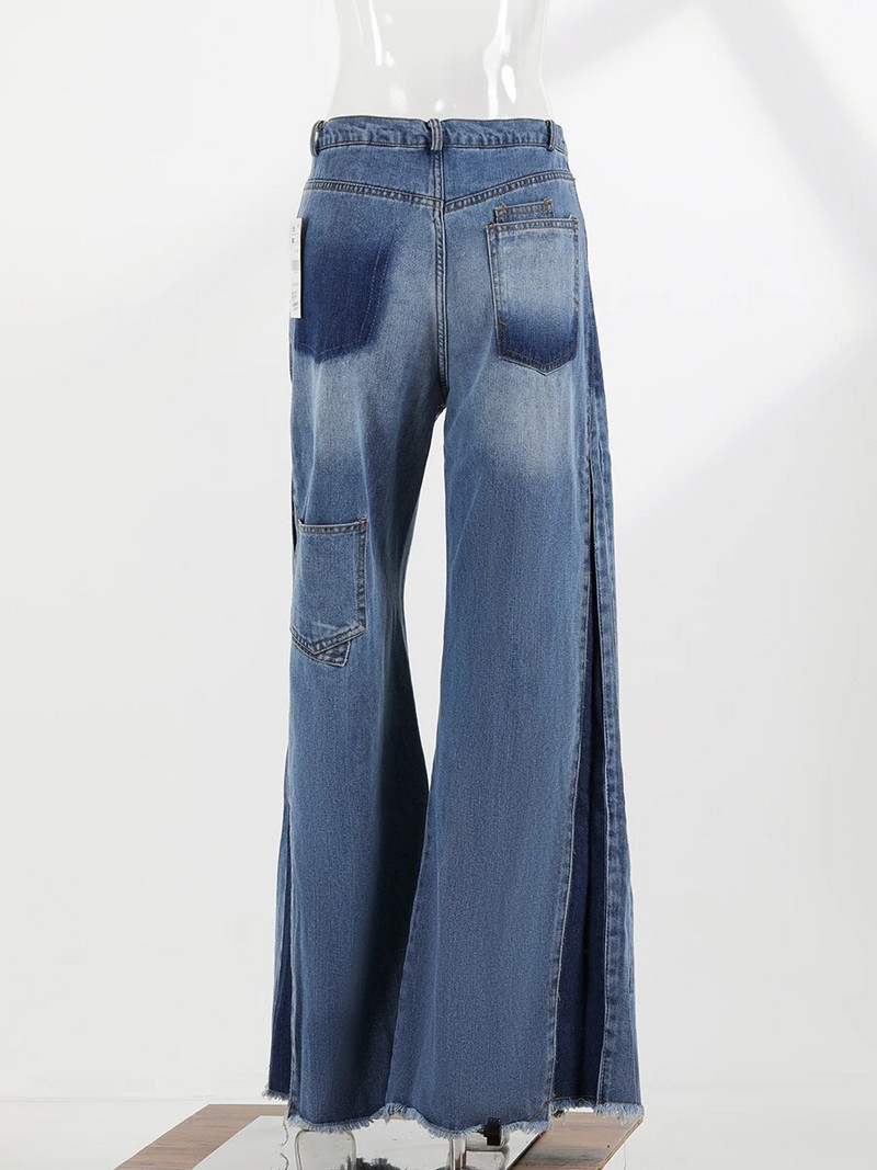Dámske džínsové maxi nohavice s vysokým pásom, vrecká a zipsom, široké nohavice s raw lemom, dámske vintage džínsy