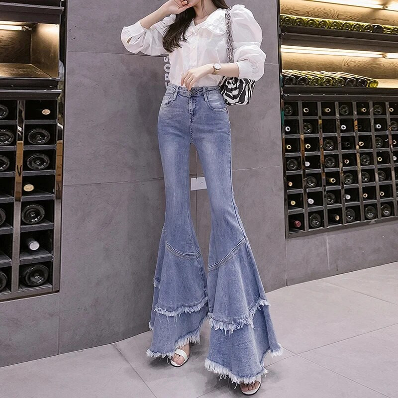 Dámske džínsy Big Flare 2023, modré skinny vintage strapcové patchworkové džínsy Boot-Cut, dámske módne nohavice