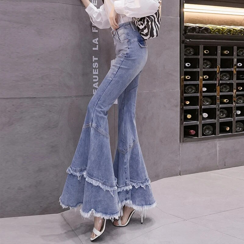 Dámske džínsy Big Flare 2023, modré skinny vintage strapcové patchworkové džínsy Boot-Cut, dámske módne nohavice