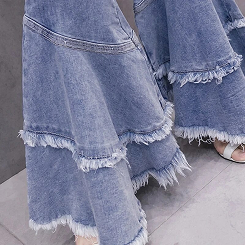 Dámske džínsy Big Flare 2023, modré skinny vintage strapcové patchworkové džínsy Boot-Cut, dámske módne nohavice