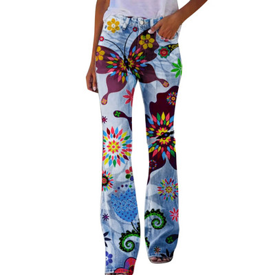 Γυναικεία ρετρό στάμπα τζιν με στάμπα με πεταλούδα Casual Cmfortable παντελόνι με φαρδύ πόδι με σχέδιο γκράφιτι παντελόνι παντελόνι παντελόνι