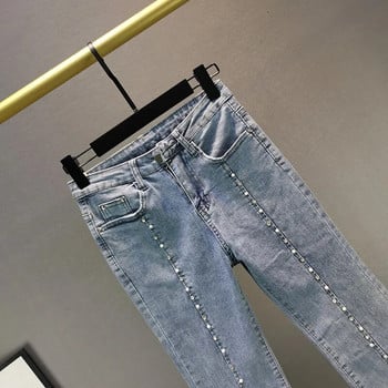 Γυναικείο παντελόνι με ψηλόμεσο Stretch Pearl Denim Άνοιξη 2023 Νέο Γυναικείο τζιν με διαμάντια με καρφώματα με λεπτή εφαρμογή