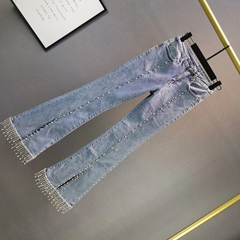 Γυναικείο παντελόνι με ψηλόμεσο Stretch Pearl Denim Άνοιξη 2023 Νέο Γυναικείο τζιν με διαμάντια με καρφώματα με λεπτή εφαρμογή