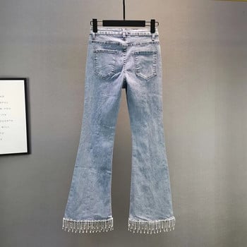 Γυναικείο παντελόνι με ψηλόμεσο Stretch Pearl Denim Άνοιξη 2023 Νέο Γυναικείο τζιν με διαμάντια με καρφώματα με λεπτή εφαρμογή